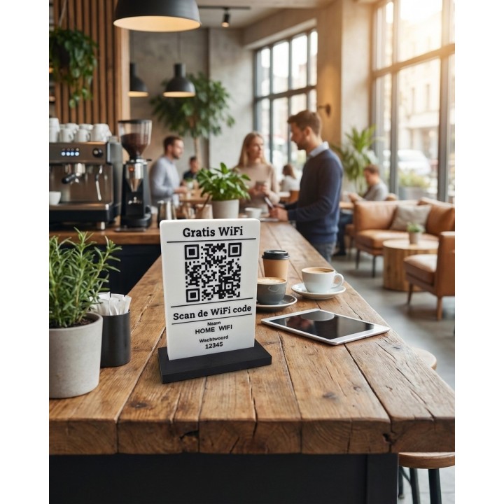 QR-code WiFi - Bord op maat met tafelstandaard (voetje)